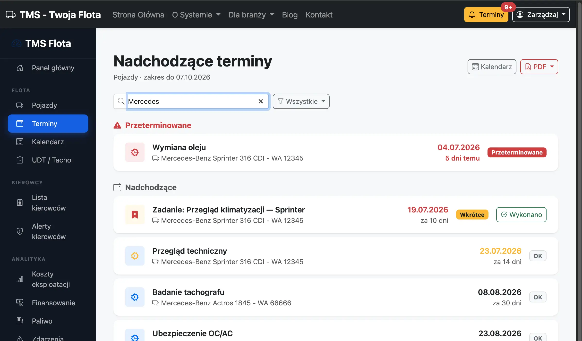 Nadchodzące terminy floty – lista przeglądów, OC i badań tachografu z alertami e-mail