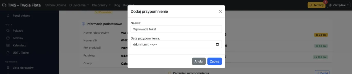 Formularz dodawania niestandardowego przypomnienia w TMS Flota